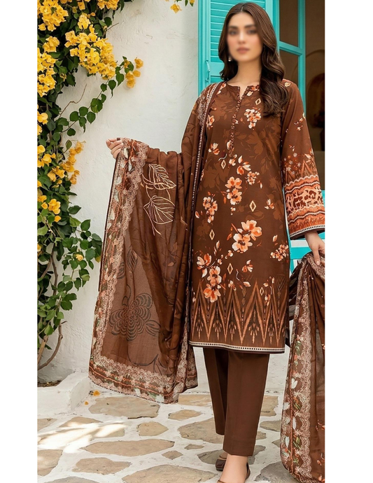 3 Piece creamy Brown Unstitched Air jet Lawn Suit
