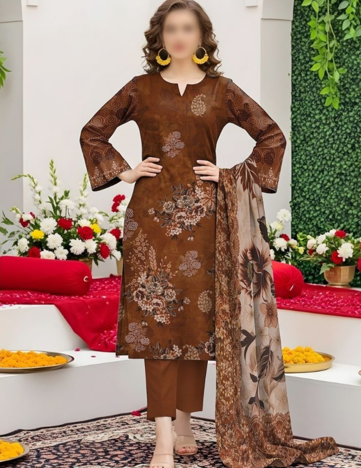Elegant 3PC Slub Lawn Ensemble (Unstitched)