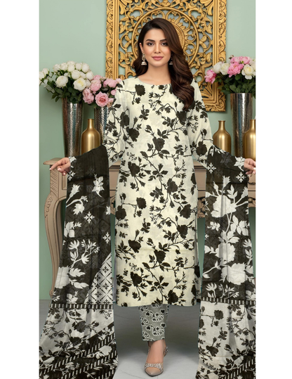 Classic 3 Pc Unstitched All Over Print Lawn Suit with Voile Dupatta