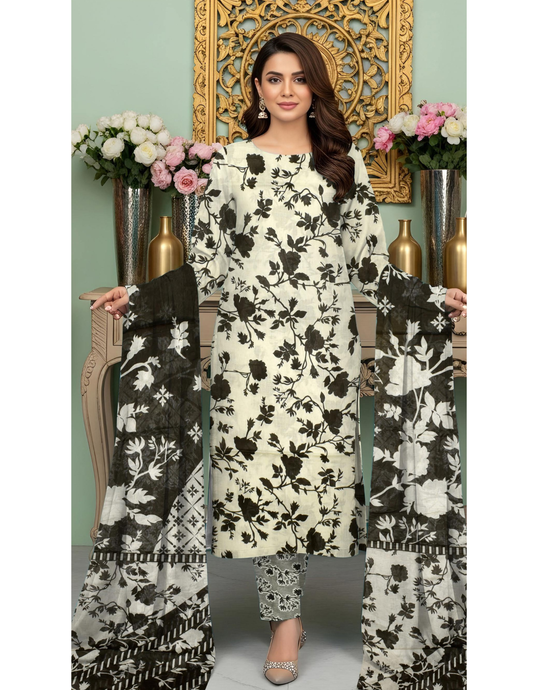 Classic 3 Pc Unstitched All Over Print Lawn Suit with Voile Dupatta