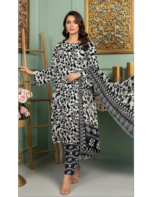 Summer All Over Print 3 Pc Lawn Suit with Voile Dupatta