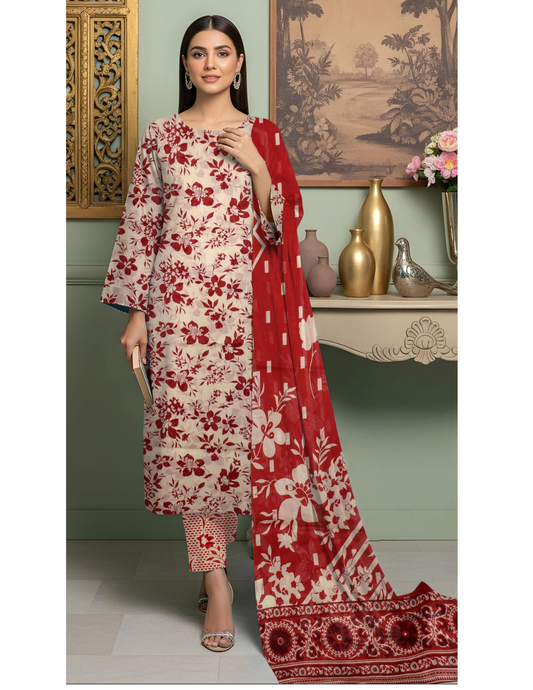 Stylish 3 Piece Unstitched All Over Print Lawn Suit with Voile Dupatta