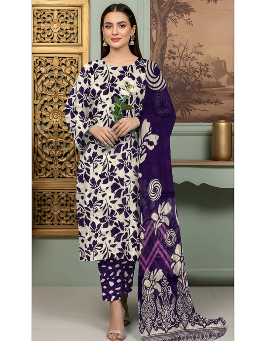 Premium All Over Printed 3 Pc Lawn Suit with Voile Dupatta (Unstitched)