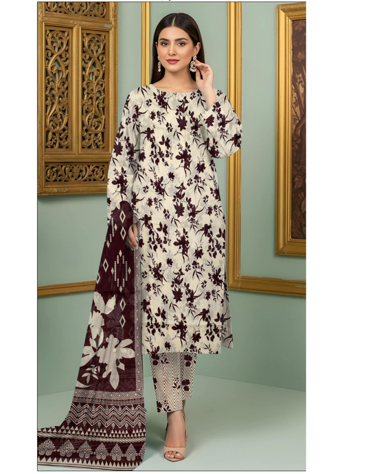 Elegant 3 Piece Unstitched All Over Print Lawn Suit with Voile Dupatta
