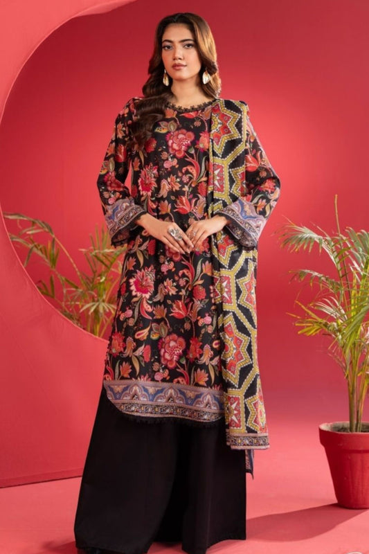 3-Piece Premium Unstitched Lawn Suit–Black and Red Floral