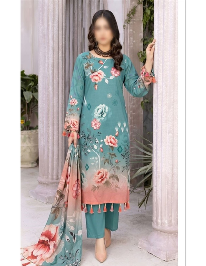 Premium Floral Air Jet Lawn Dress with Voil Dupatta – Unstitched