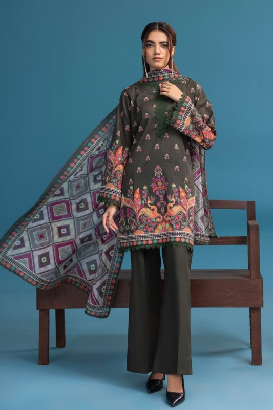 3-Pc Premium Soft Chocolate Brown Lawn Suit with Chiffon Dupatta(Unstitched)