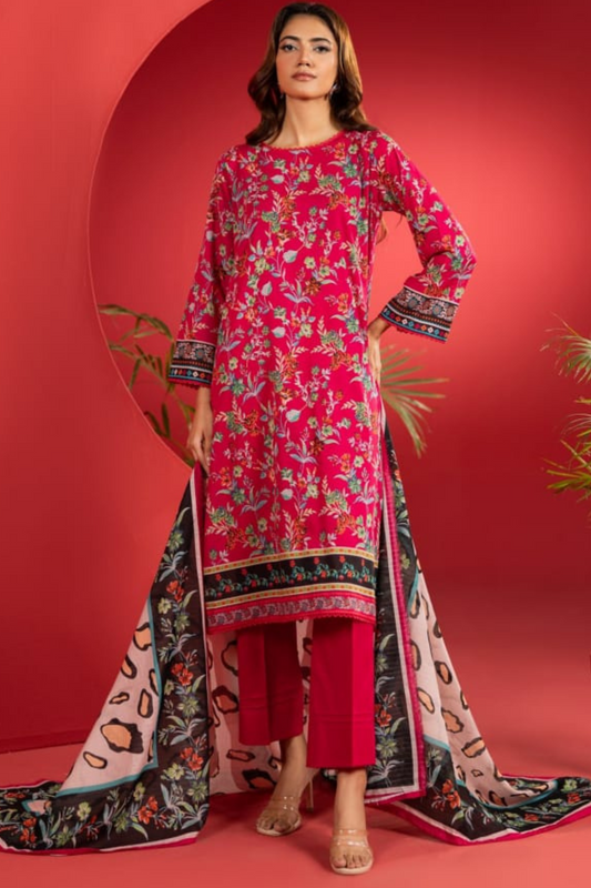 3-Piece Premium Unstitched Lawn Suit -Red and black Floral