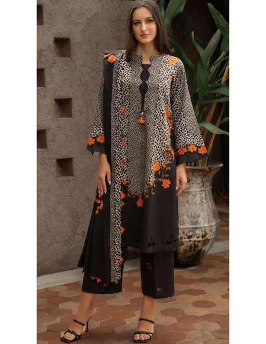 Unstitched 3PC Printed Lawn Suit with Organza Embroidered Patches