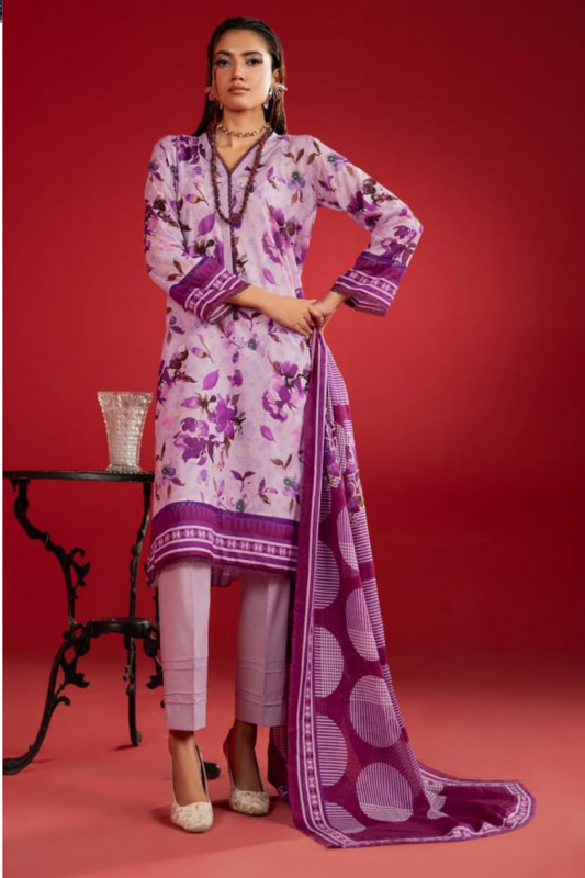 3-Piece Premium Unstitched Lawn Suit–Lavender & Plum Purple