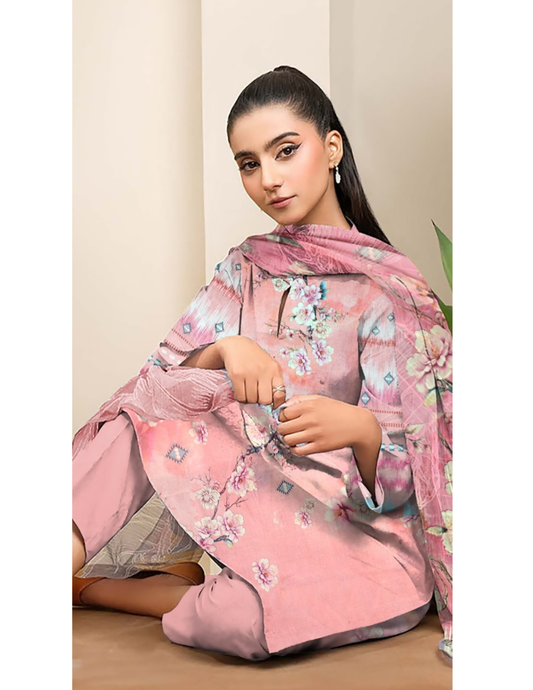 Signature 3-Pc Digital Printed Bana Dora Suit & Dyed Trousers