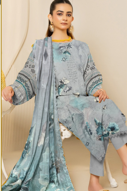3-piece Premium Unstitched-lawn suit Aqua GRAY
