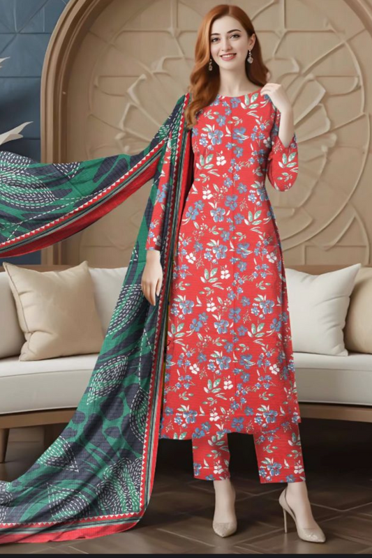 3-Piece Premium Unstitched Lawn Suit-Scarlet Red Floral