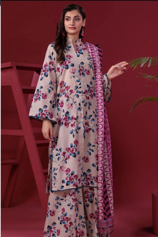 3-Piece Premium Beige Floral Unstitched Lawn Suit