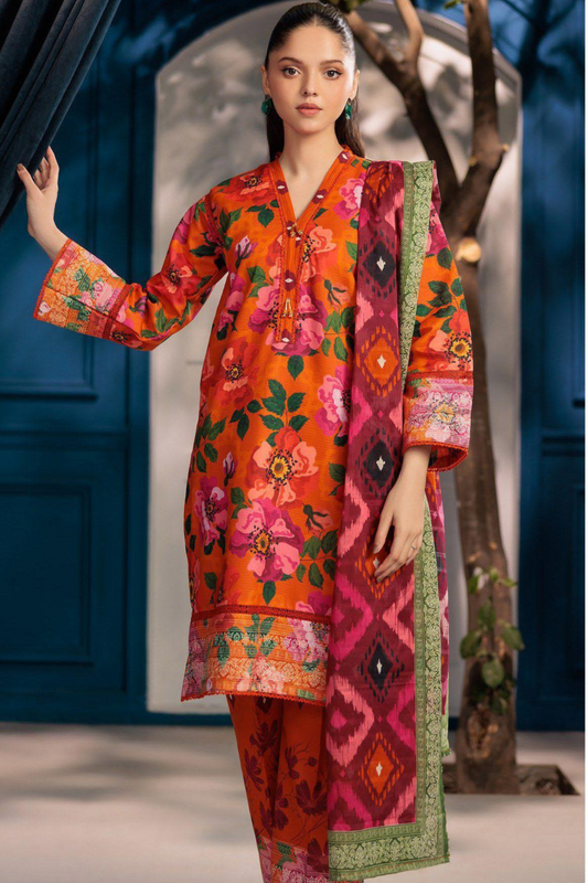 3-piece Orang Tangerine Coral Digital Floral Lawn Suit (Unstitched)