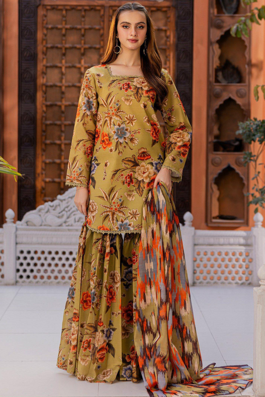 3-piece Premium Mustard Olive Digital Floral Lawn  Suit (Unstitched)