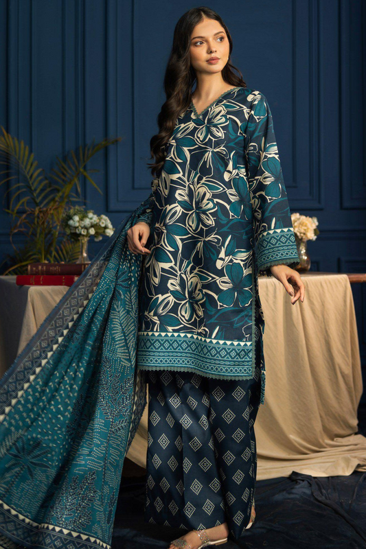 3-piece Premium Deep Teal Digital Floral Lawn Suit (Unstitched)