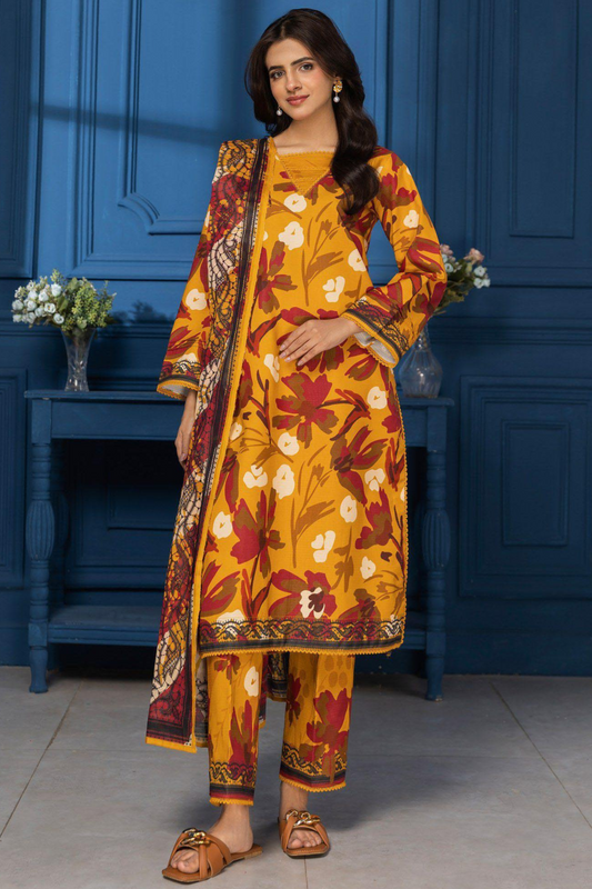 3-Piece Premium Mustard Maroon Digital Floral Lawn Suit (Unstitched)