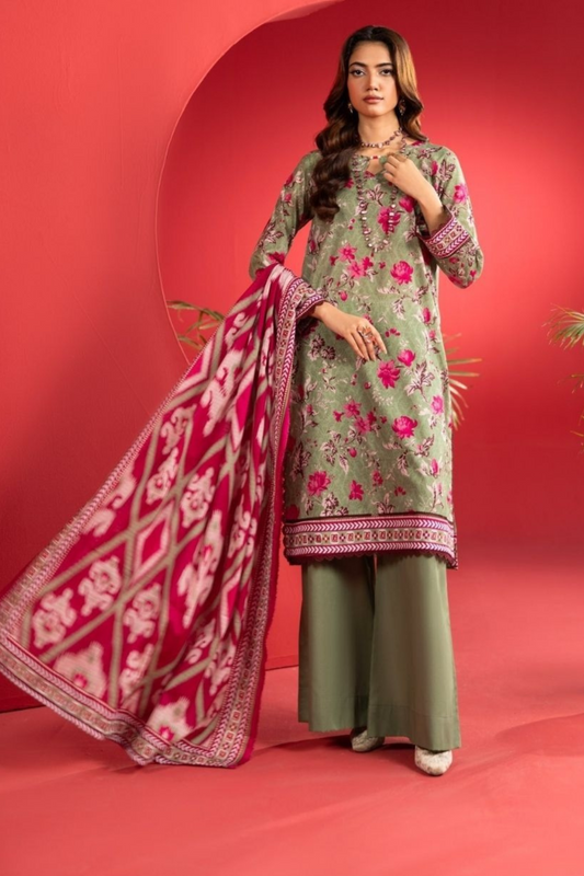 3-Piece Premium Unstitched Lawn Suit–Olive Green & Magenta Pink