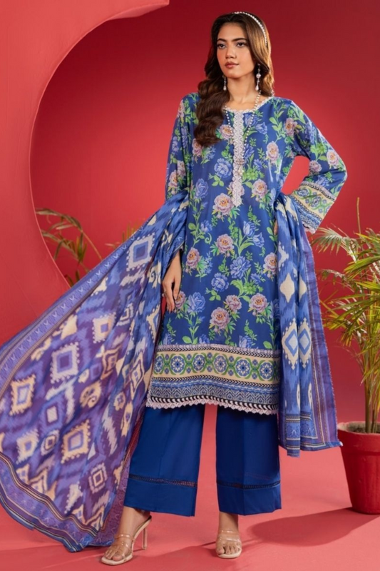 3-Piece Premium Unstitched Lawn Suit–Aqua purple