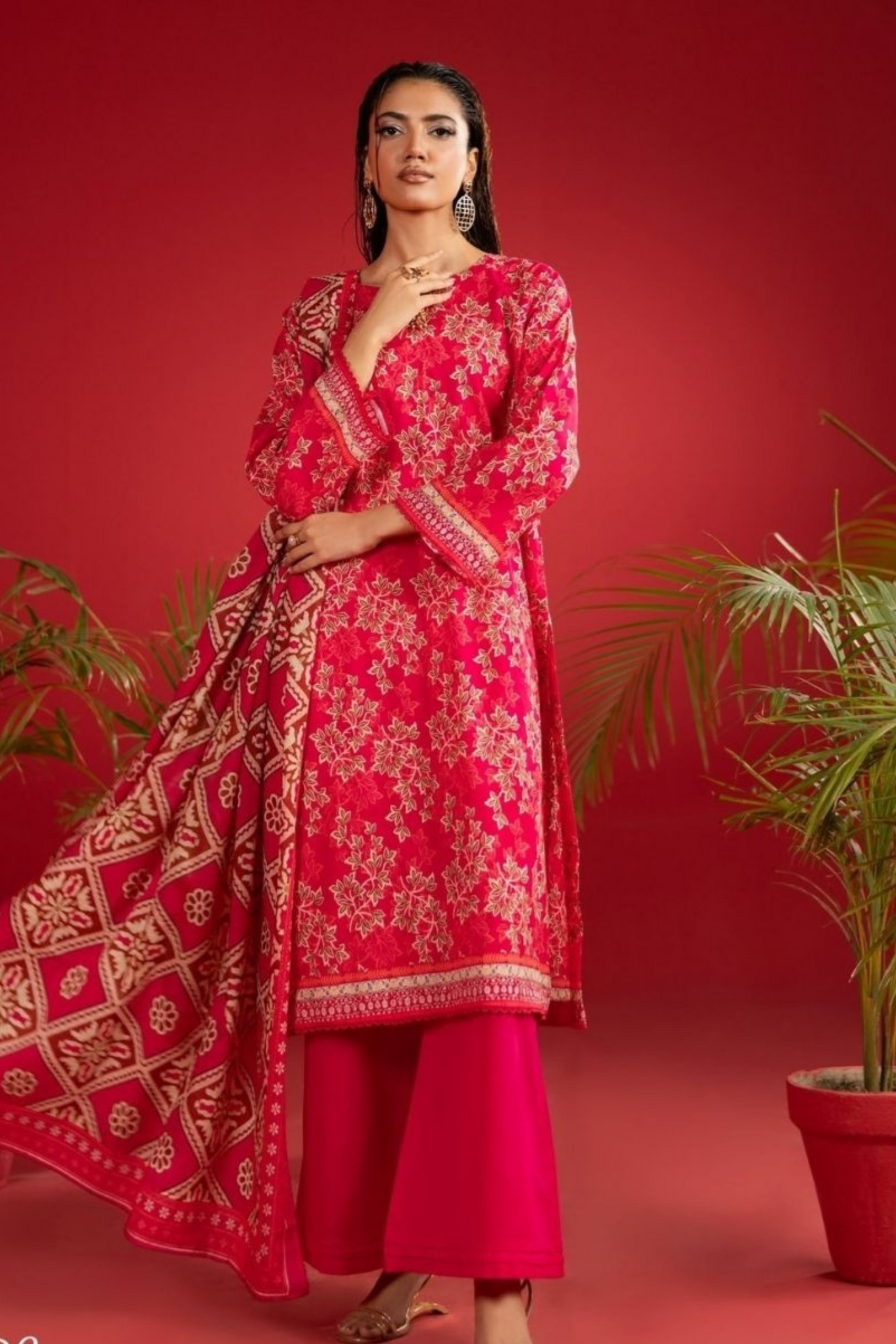 3-piece premium unstitched-lawn suit-Aqua red