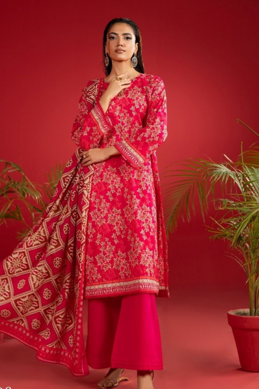 3-piece premium unstitched-lawn suit-Aqua red