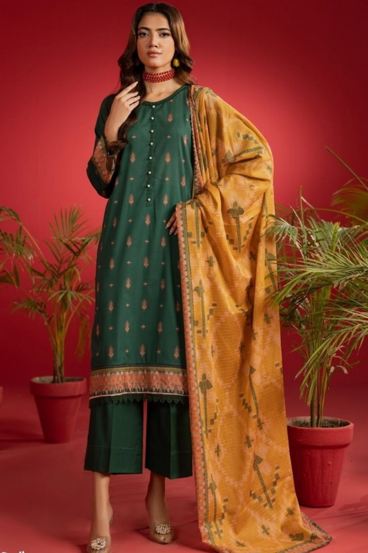 3-Piece Premium Unstitched Lawn Suit –Olive Green