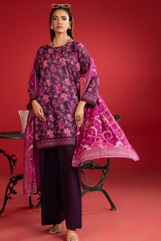 3-Piece Premium Pinkish black floral Unstitched Lawn Suit