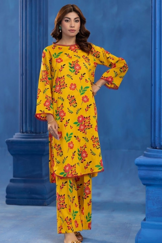2-Piece Premium Unstitched Yellow & Red Floral Printed Lawn Suit
