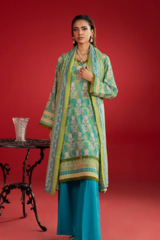 3-Piece Premium Unstitched Lawn Suit – Aqua Blue & Lime Green