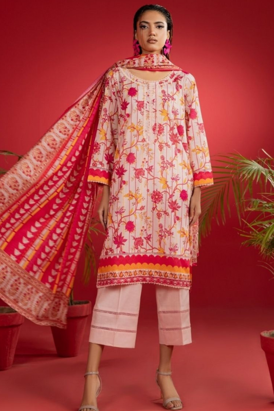 3-Piece Premium Unstitched Lawn Suit–Aqua pinkish