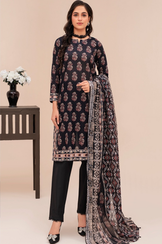 3-piece Premium BLACK digital printed Lawn suit (Unstitched)