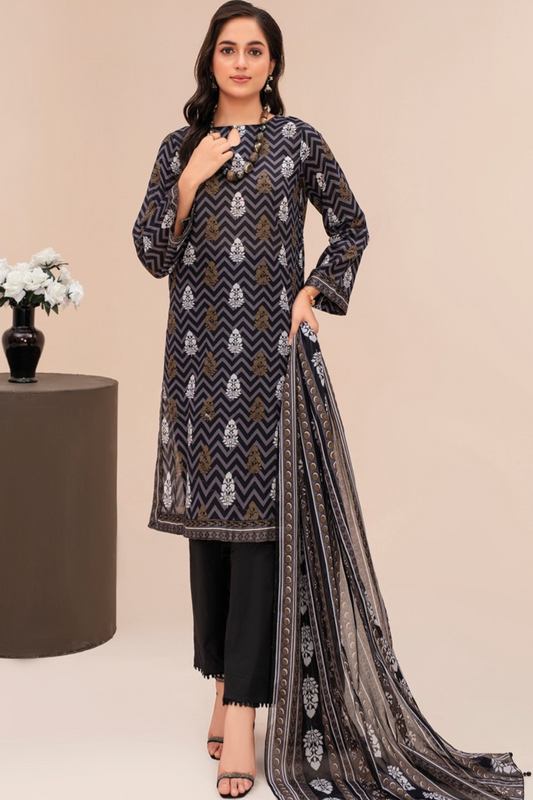 3-piece Premium Black & White Digital printed Lawn suit (Unstitched)