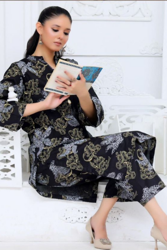 2-Piece Premium Black&Antique Gold Unstitched Lawn Suit