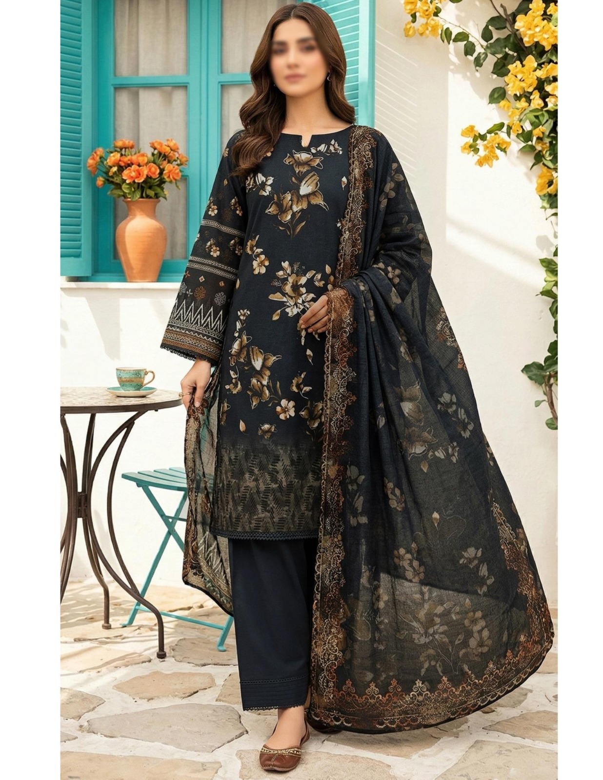 3 Piece smoke black Unstitched Air jet Lawn Suit