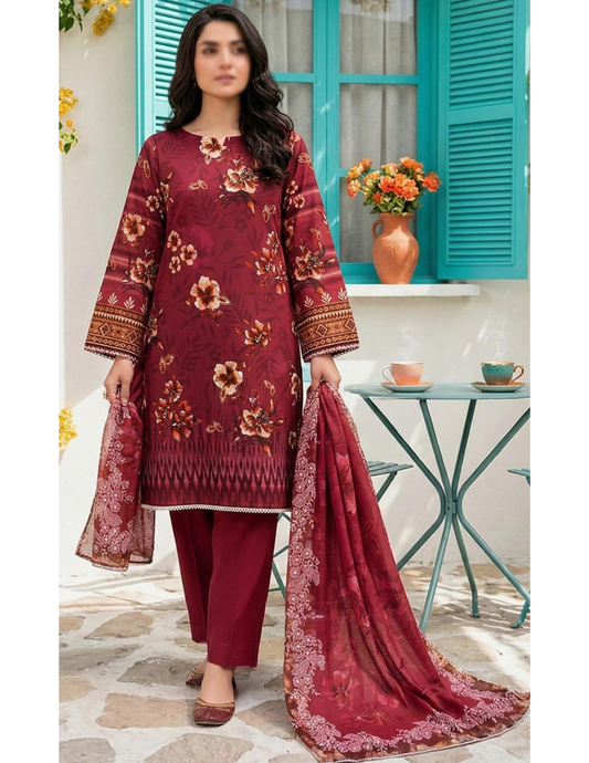 3 Piece redish Unstitched Air jet Lawn Suit