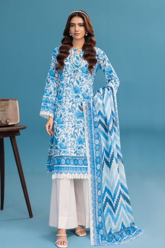 3-Pc Premium Sky white Lawn Suit with Chiffon Dupatta(Unstitched)