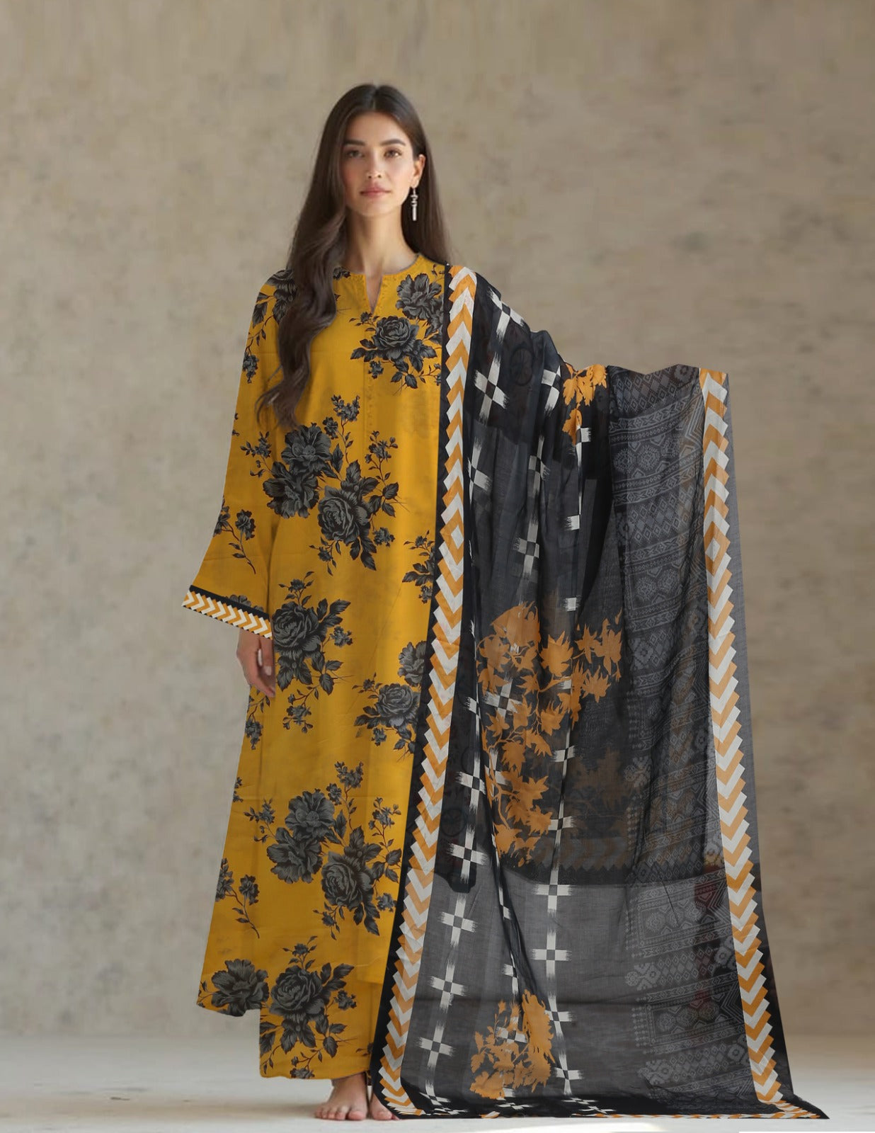 3-Piece MustardBlack Floral Unstitched Lawn Suit