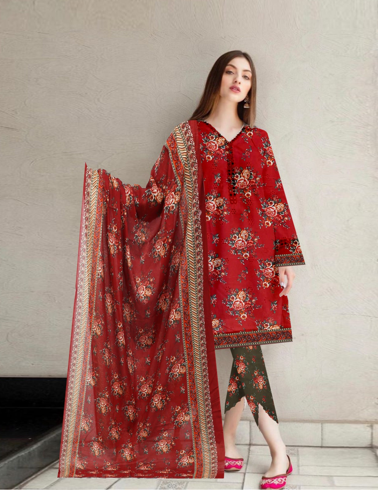 3-pc Premium Crimson Red Floral Unstitched Lawn Suit