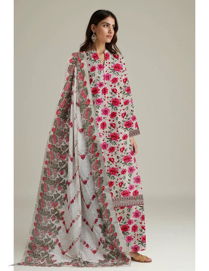 3-Piece Soft Grey & Magenta Floral Unstitched Lawn Suit
