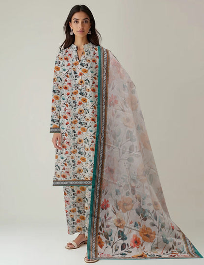 3-Pc Premium Ivory&Amber Floral Unstitched Lawn Suit