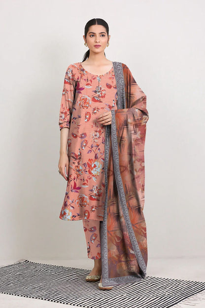 3-Piece Premium Unstitched Peach Blossom Digital Floral Lawn Suit