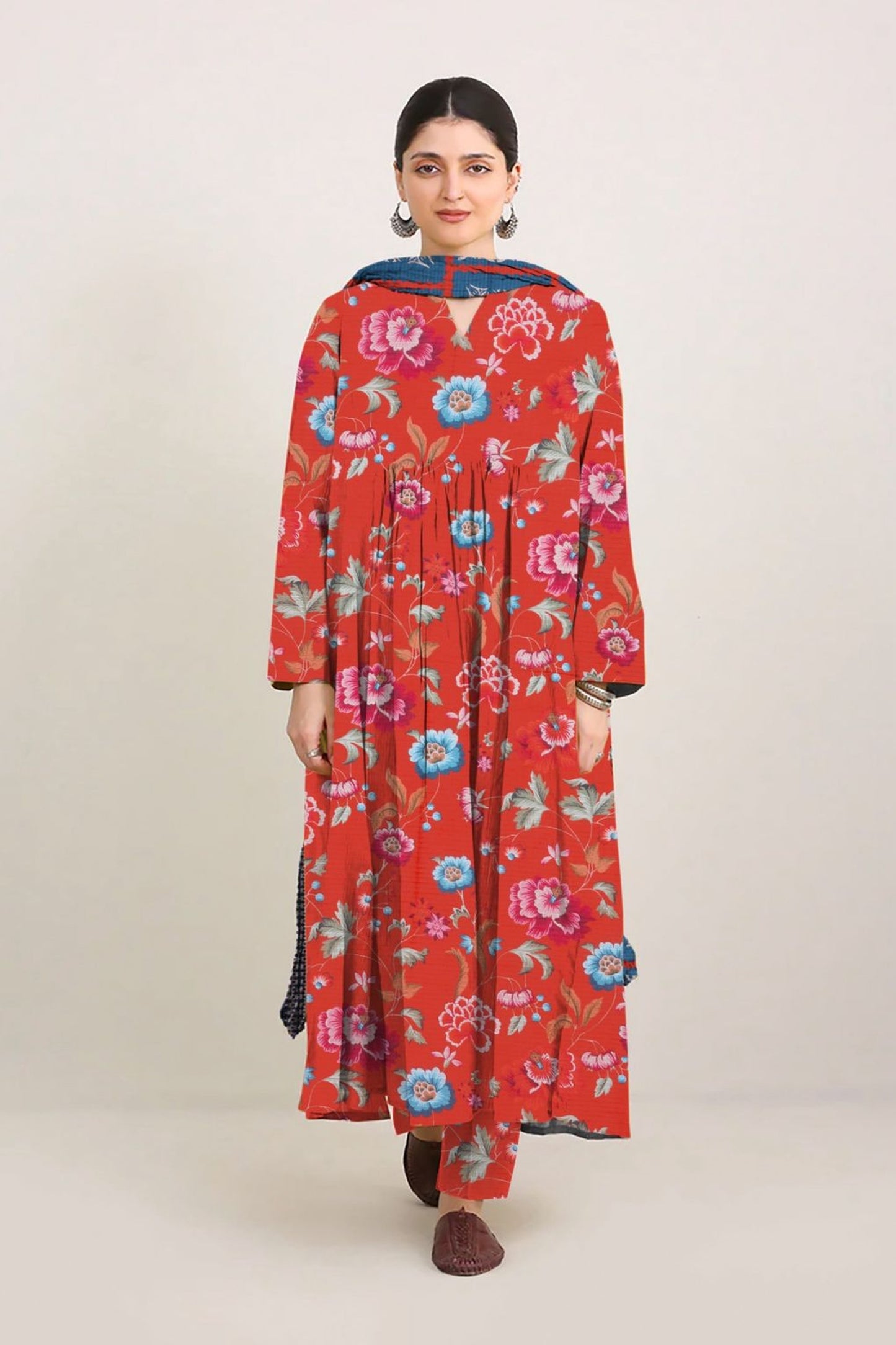 3-Piece Premium Unstitched Lawn Suit Crimson Floral