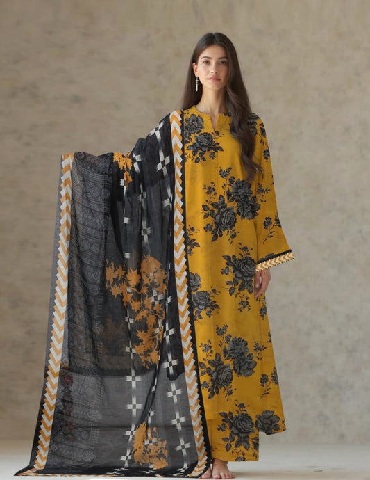 3-Piece MustardBlack Floral Unstitched Lawn Suit