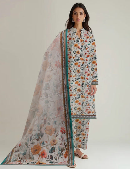 3-Pc Premium Ivory&Amber Floral Unstitched Lawn Suit