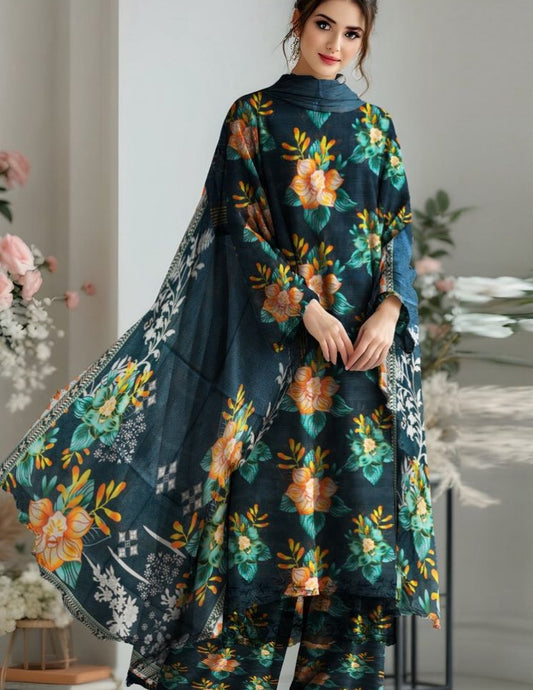 Teal Blue Lawn Suit with Vibrant Yellow-Orange Floral Print & White Embroidered Dupatta (Unstitched) 3 piece