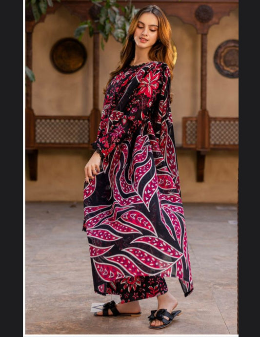 RUTBA by Orang – Black & Crimson Digital Floral Lawn Suit  (Unstitched) 3 piece