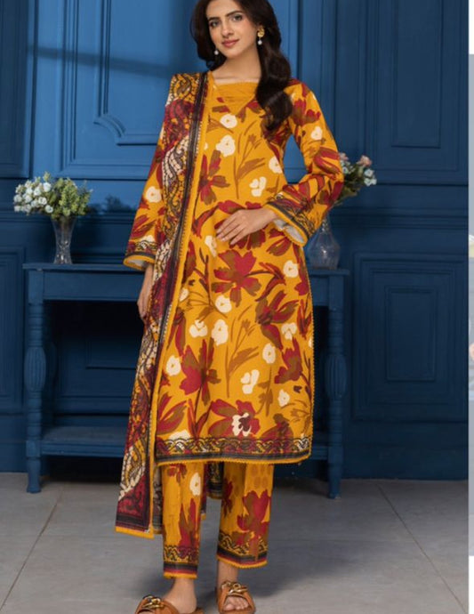 RUTBA by Orang – Mustard Maroon Digital Floral Lawn Suit (Unstitched) 3 piece