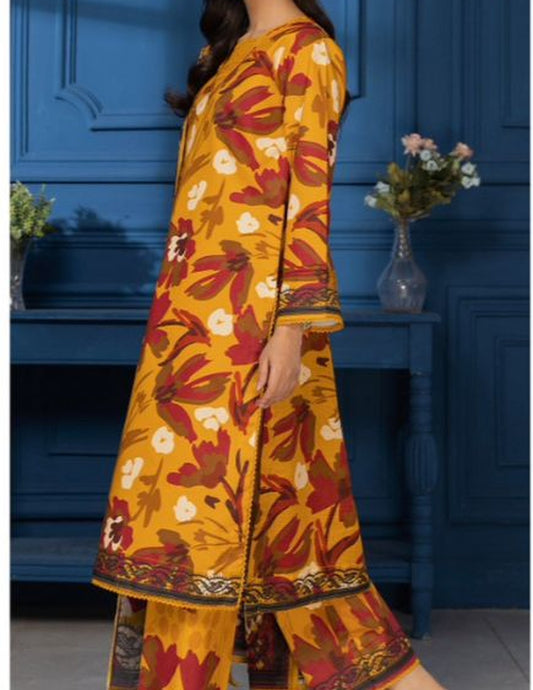 RUTBA by Orang – Mustard Maroon Digital Floral Lawn Suit (Unstitched) 3 piece