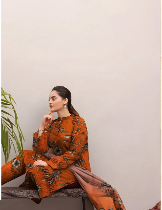 Rust Orange Lawn Bana Dora Suit with Smoky Grey Floral Print & Printed Dupatta  (Unstitched) 3 piece